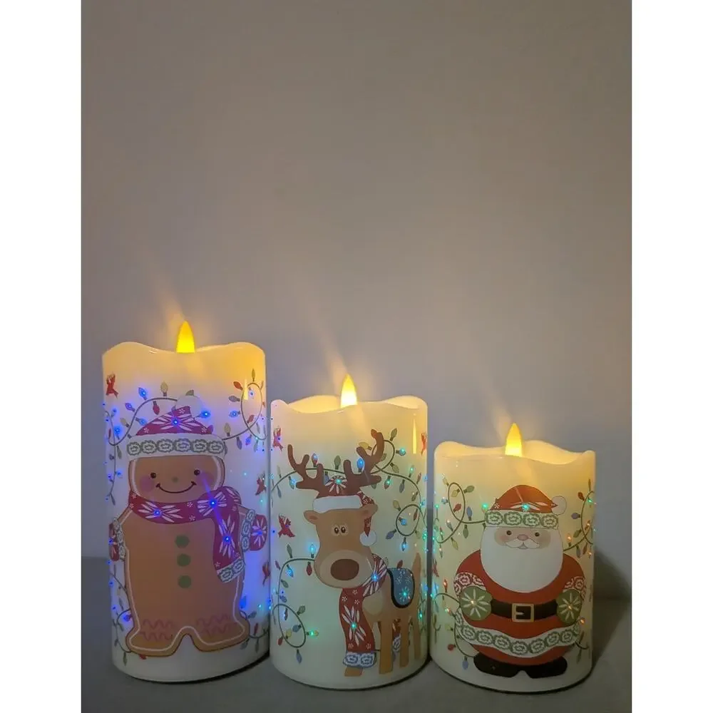Temp-tations Set of 3 Christmas Flameless LED Wax Pillar Candles Santa Reindeer